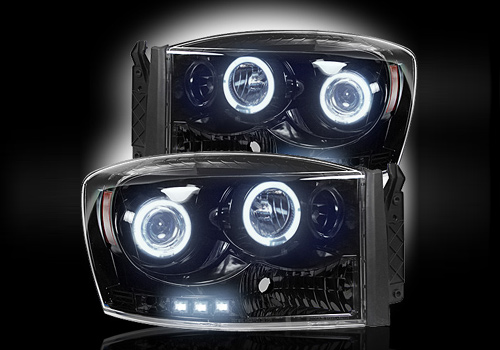Recon Black Headlights with LED Halo & Daytime 06-08 Dodge Ram
